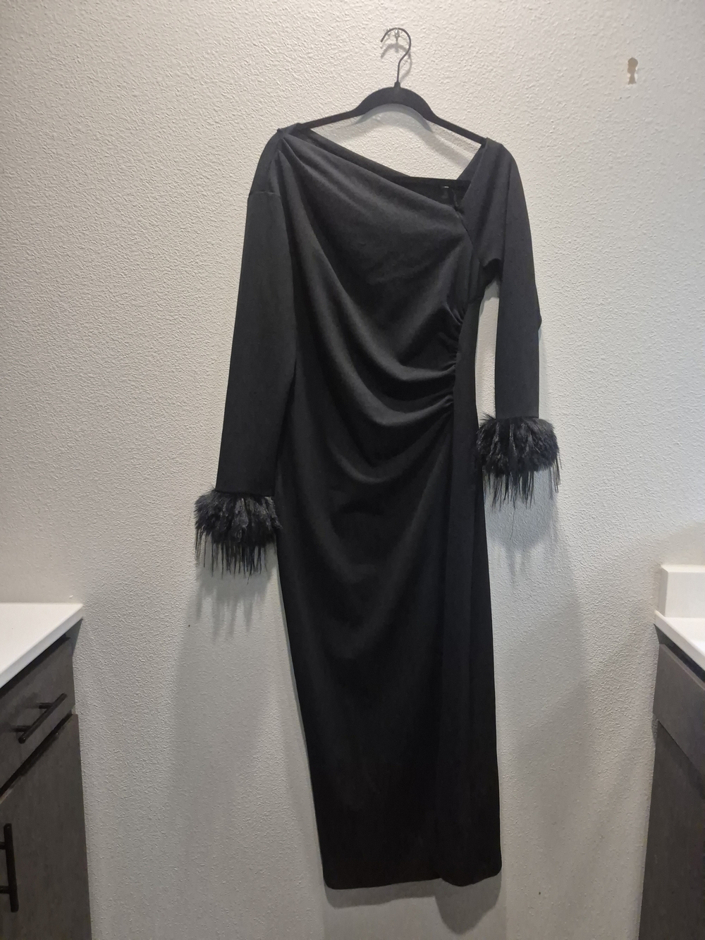 Black Feather Cuff Long Sleeve Dress